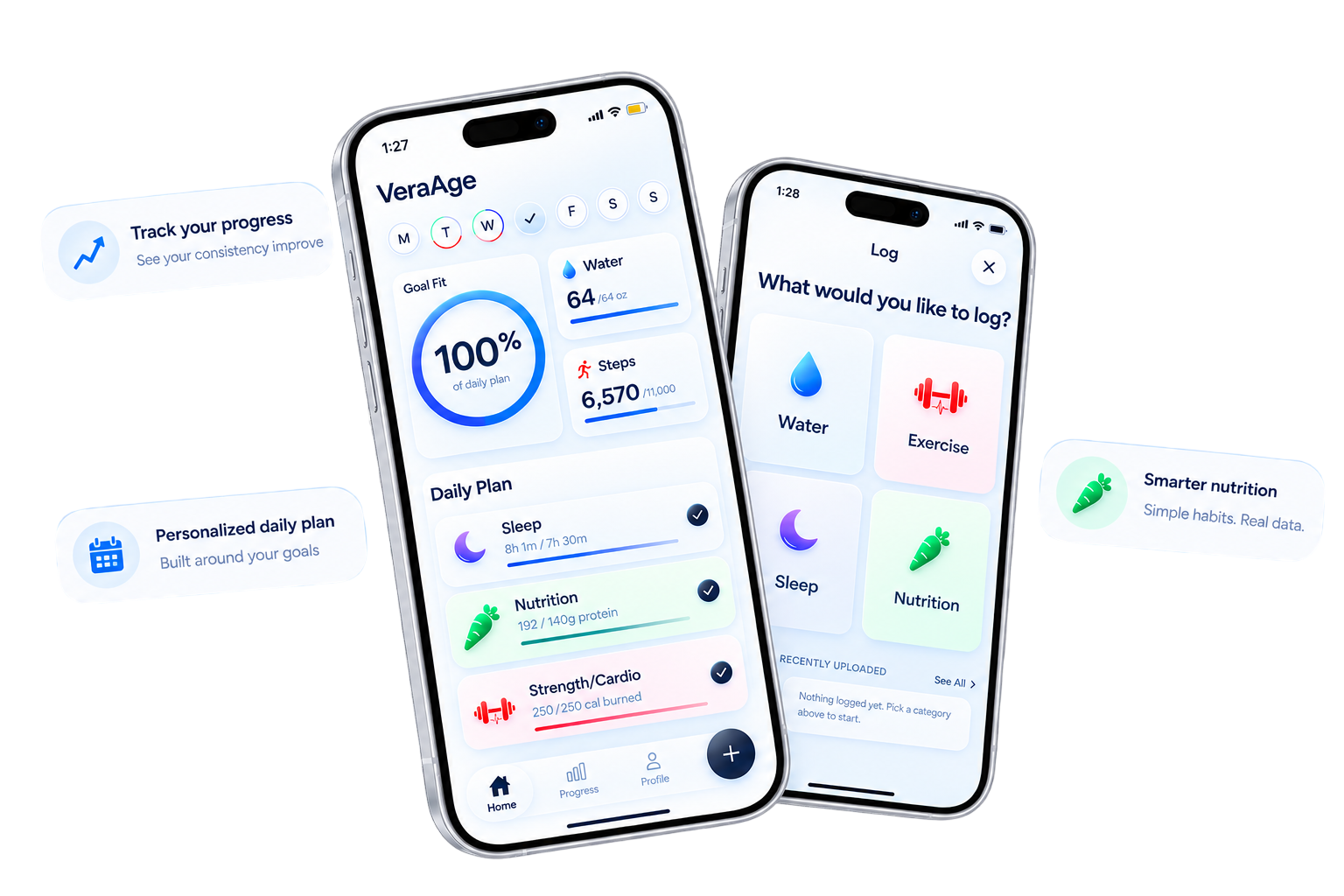 VeraAge app on iPhone: daily plan progress, habit logging and health tracking, with callouts for progress tracking, personalized daily plans and nutrition
