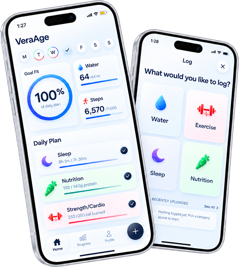 VeraAge app on iPhone: daily plan progress, habit logging and health tracking