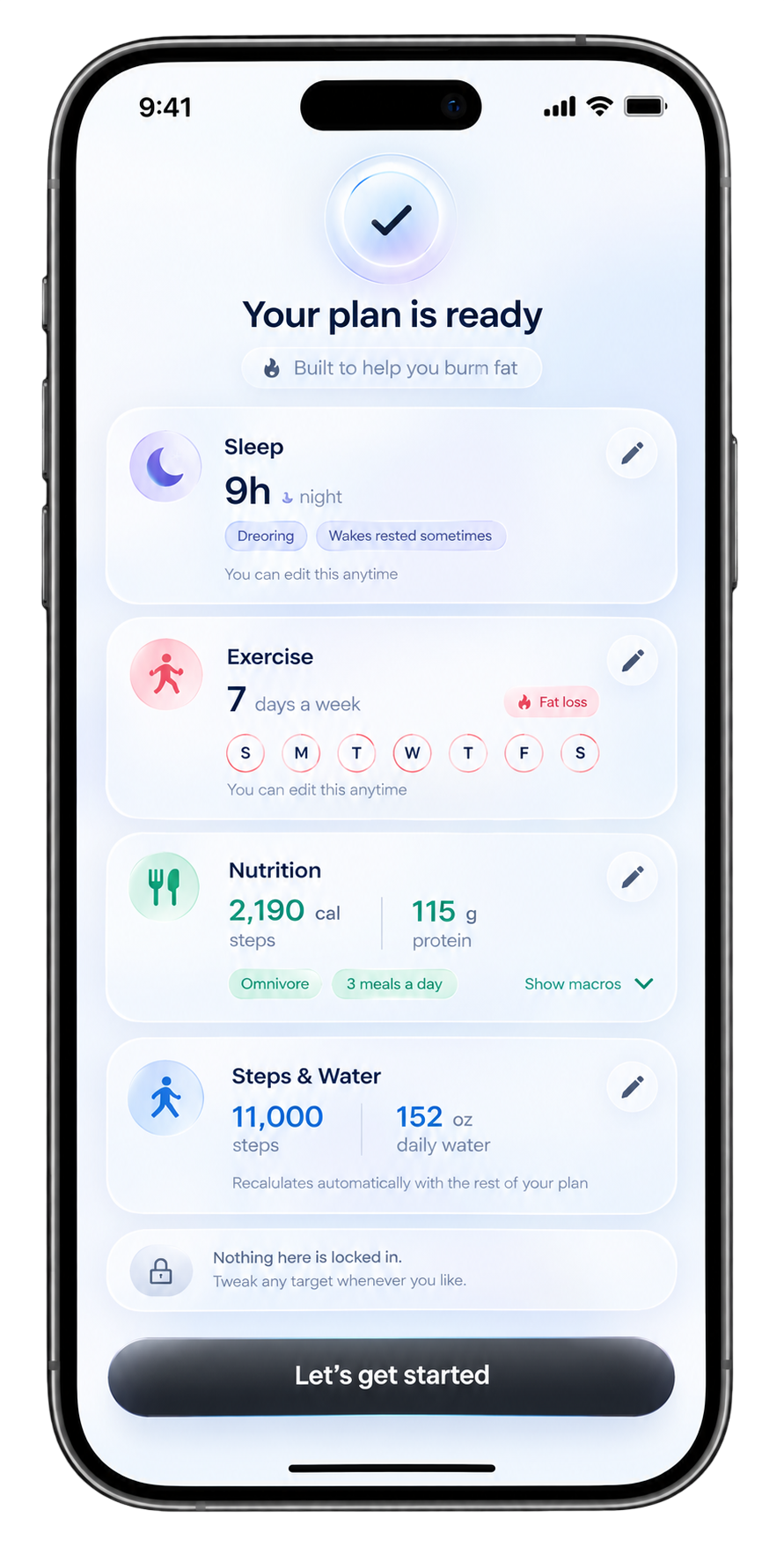 VeraAge personalized plan screen with sleep, exercise and nutrition targets