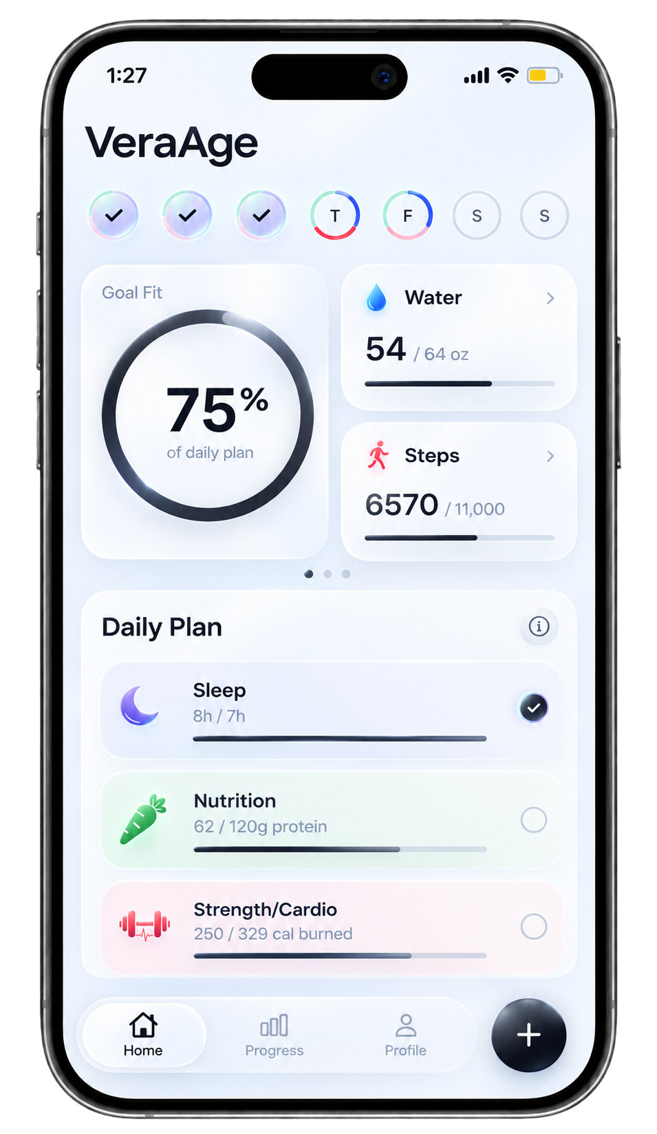 VeraAge home screen with daily plan progress and habit logging